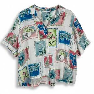 Jane and Delancey Blouse Button Up Floral Tropical Linen Blend Size XL